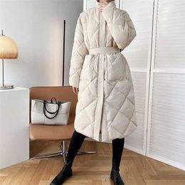 Winter Solid Korean Style Long Down Coat Women's Fashion Stand Collar Argyle Pattern Oversized Parka Chic Jacket 211221