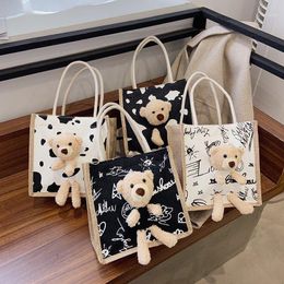 Cartoon Cute Bear Canvas Bag Portable Shopping Large-capacity Students Women Eco Tote Travel Shoulder Cloth Handbag Storage Bags