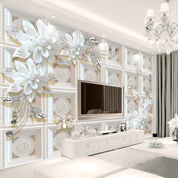-Fondos de pantalla Mural personalizado Papel pintado 3D Joyería Mariposa Flor Sala de estar Tv Pintura de pared Impermeable PO Papel Etiqueta engomada
