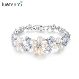 Charm Bracelets LUOTEEMI Delicated Natural Pearls With Clear Cubic Zirconia Bracelet For Women Party Bangle Bridal Wedding Jewellery Gift1