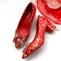 Dress Shoes Wedding Women 2022 Style Bridal Thick Heel Chinese Red Pregnant Low Heels