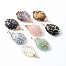 Healing Crystal Natural Stone Waterdrop Charms Twine Tree of life Gold Wire Wrap Pendant Turquoise Amethyst Tiger Eye Rose Quartz Wholesale Jewellery gift