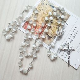 Religious Jewellery White Opals Catholic Rosary Necklace Long Jesus Cross Necklace