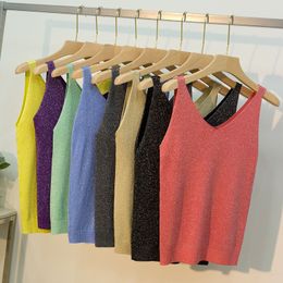 18 Colours Women Sleeveless Tank Tops Sexy Female V-Neck Knitted Camisole Club Girls Metal Strap Camis Thin Shiny Glitter Bling T200706