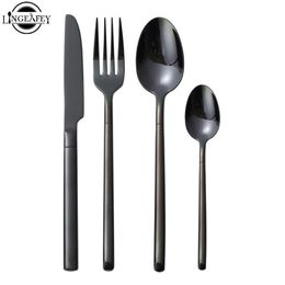 Black Steel Cutlery Set Tableware Gold Forks Knives Spoon Service Restaurant Stainless Steel Kitchen Cutlery Travel Dropshipping 201116