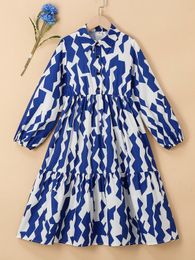 Girls All Over Print Half Button Ruffle Hem Shirt Dress SHE