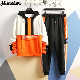 Huncher Tracksuit Men Sets Mens Fashion Hip Hop Streetwear Patchwork Hoodie Side Striped Sweatpants Sportswear Men Suits 201123