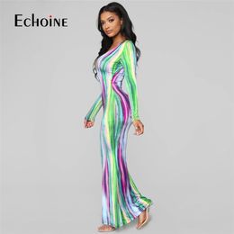 Echoine 2020 Tie Dye Stripe Print Sexy Maxi Dress Women Spring Fashion Vestidos Night Club Party Long Sleeve Bodycon Dresses LJ200820