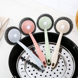 Metal Mesh Stainless Steel Wool Ball Cleaning Brush Kitchen Hanging Strong brush with long handle Pot Brush Magic Cleaner