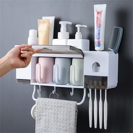 Wall Mounted Toothbrush Holder with Cups Automatic Toothpaste Squeezer Dispenser Bathroom Storage Rack Bathroom Accessories Sets LJ200904