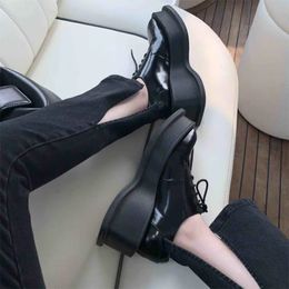 Retro Square Toe Women Leather Thick Sole Platform Shoes Woman Creepers Casual High Heel Shoe