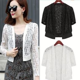 Women's Jackets Fashion Women Lace Blouses Sexy Crop Top Summer Floral Slim Short Sleeve Long Thin Shirt Ladies Tops Plus Size M 5XL1