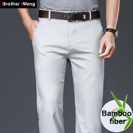 4-color Men Bamboo Fibre Thin Casual Pants Spring and Summer New Business Stretch Solid Colour Khaki Trousers Brand 201126