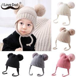 Winter Kids Hat Double Pompom Warm Baby Accessories Girl Boy Beanie Cap Knitted Solid Colour Children Toddler Bonnet Hat Y201024