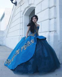 Embroidery Crystal Royal Blue Sweet 16 Dresses Vestidos De Quinceanera Strapless Ball Gown Princess Formal Dress Party Prom Long Women