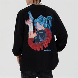 Men Women Printed Cartoon Pretty Girl T Shirt Hip Hop Oversized Streetwear Long Sleeve Harajuku Tshirt Cotton Tops Tees 201203