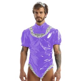 21 Colours Sexy Men Maid Cosplay Party Costume Wetlook Lace Clubwear Latex Puff Sleeve High Cut Leotard PVC Back Zipper Bodysuit