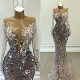 Chic Floral Mermaid Evening Dresses 3D Appliqued Lace Ruffles Long Sleeves Sweep Train Formal Party Gowns Sexy Illusion Prom Dresses