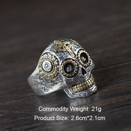 Real Solid 925 Sterling Silver Sugar Skull Rings for Men Mexican Retro Gold Color Cross Sun Flower Engraved Punk Jewelry J01218y