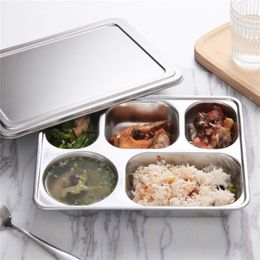 Stainless Steel Plate Food Containers Tray With Compartments Sliver Bento Lunch Boxs With Lid For Canteen Restaurant Tableware 201029
