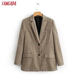 Tangada women vintage Houndstooth print blazer female long sleeve elegant jacket ladies work wear blazer formal suits QJ131 201201