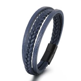 Classic Design Layered Black Blue Leather Cuff Magnetic Snap Bracelet Jewellery for Lovers Gift