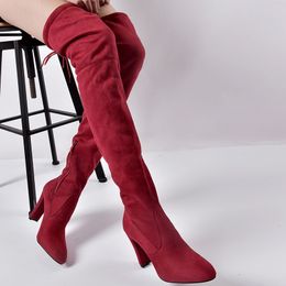 Stivali invernali sopra il ginocchio da donna Tessuti elasticizzati Scarpe con tacco alto Slip on Scarpe a punta Stivali lunghi da donna Taglia 34-43