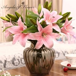 HI-Q 11pcs 3 heads real touch PVC artificial lily silk decorative flower for wedding decoration Christmas gift Y201020