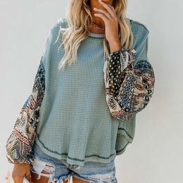 PEONFLY Women Pullovers Knitted Sweater Boho Printed Long Bell Sleeve O-Neck Pullovers Loose Jumper Female Streetwear Roupas 201111