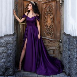 2022 Princess Purple Satin A-Line Evening Dresses Corset Off Shoulder Long Formal Party Gowns Sexy Side Split Special Occasion Dress Plus Size Prom Dress