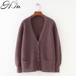 H.SA Women Cardigans Sweater V neck Solid Loose Knitwear Single Breasted Casual Knit Cardigan Outwear Winter Jacket Coat 201119