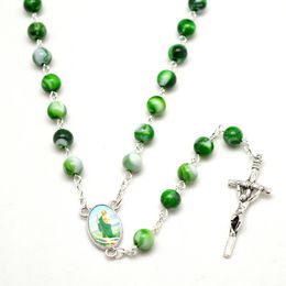 Acrylic Fashion Cross Religious Rosary Necklace Green Beads Party Wedding Women Gifts Wholsale