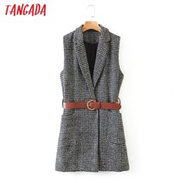Tangada women plaid pattern long vest coat with belt office ladies waistcoat sleeveless blazer elegant top 3Z42 201211