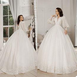 Bling Sequins A Line Wedding Dresses Deep V Neck Long Sleeves Appliqued Lace Bridal Gowns Custom Made Boho Plus Size Vestidos De Novia
