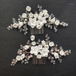 Hair Clips & Barrettes SLBRIDAL Handmade Crystal Rhinestone Pearls Ceramic Flower Bridal Wedding Comb Pins Stickers Bridesmaids Women Jewelr