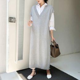 Casual Sweater Dresses Autumn Winter Sleeveless Vest Dress Korean Fashion Office Ladies Long Pullover Dress Female Loose Clothes 201125