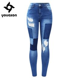 2172 Youaxon New Stretchy Fake Patches Jeans Woman Blue Ripped Denim Pants Trousers For Women Pencil Skinny Jeans 201029