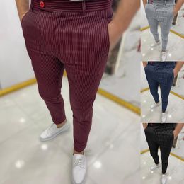 2021 Spring Autumn Mid Waist Skinny Long Pants Business Casual Men's Slim Trousers Fashion Striped Printing Pencil Pants For Men 220212