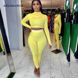 ANJAMANOR Letter Print Sexy 2 Piece Set Womens Clothing Long Sleeve Crop Top Pants Bodycon Tracksuit Matching Sets D13-AE58 201008