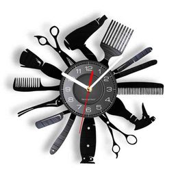 Modelling Tools Hairstylist Vinyl Record Wall Clock Hair Salon Barber Artwork Decor Watch Stylist Hairdresser Profession Gift H1230