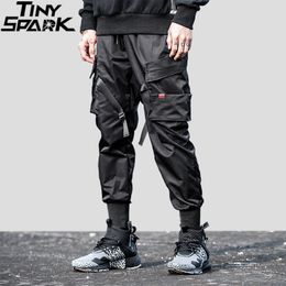 Hip Hop Men's urbanic cargo pants with Pockets, Swag Ribbon, and Harem Design - Black Streetwear Joggers and Sweatpants for Autumn (LJ201007)