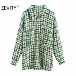 Zevity New Autumn Women Vintage Plaid Print Woolen Shirt Coat Lady Long Sleeve Pocket Patch Tassel Casual Jacket Chic Tops CT602 201017