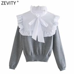 Zevity New Women Sweet Agaric Lace White Poplin Patchwork Knitting Blouse Female Bow Tie Chic Femininas Shirt Ruffle Tops LS7319 201125