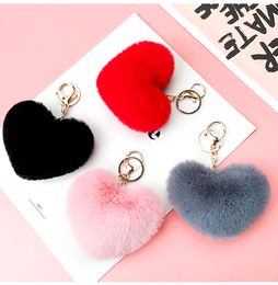 Cute Keychain Fake Rabbit Fur Heart Pompom Key Chain Women Girl Bag Cars Simple Fluffy Keyring Jewellery Party Gift 20pcs