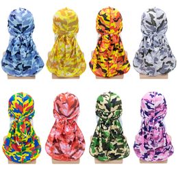 Camouflage Silky Durag Silk Hair Bonnets Skull Pirate Hats With Long Tail Skull Hats For Mens And Women