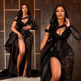Sexy Black Lace Mermaid Prom Dresses Ruffles Side Satin Train One Shoulder African Gowns Aso Ebi High Side Split Evening Dress