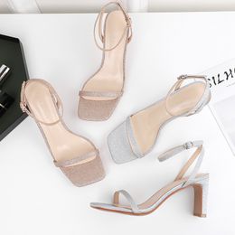 2020 Summer Women Sandals Sequined Cloth Shiny Blingbling Crystal Wedding Party Shoes Sexy Ankle Strap Square High Heels Sandals 0928