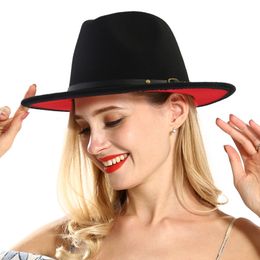 Unisex Flat Brim Wool Felt Fedora Hats with Belt Red Black Patchwork Jazz Formal Hat Panama Cap Trilby Chapeau for Men Women high 285h