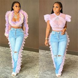 Lace Patchwork Jeans Fashion Womens Ripped Denim Jeans Holes Long Pants Bottom Bodycon Straight Leg Trousers Boutique Clothing F101901