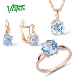 Jewellery Set For Woman Pure 14K 585 Rose Gold Sparkling Sky Blue Topaz Diamond Earrings Ring Pendant Set Fine Jewellery